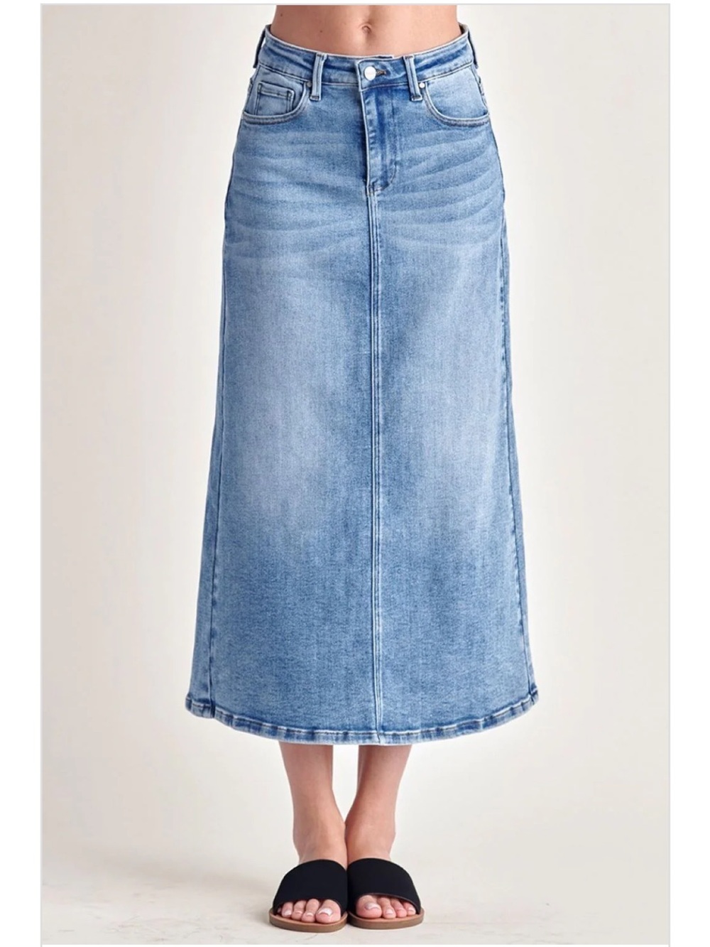 Risen Jeans Denim Midi Skirt Large Blue Jean Back Slit Modest Minimalist Classic